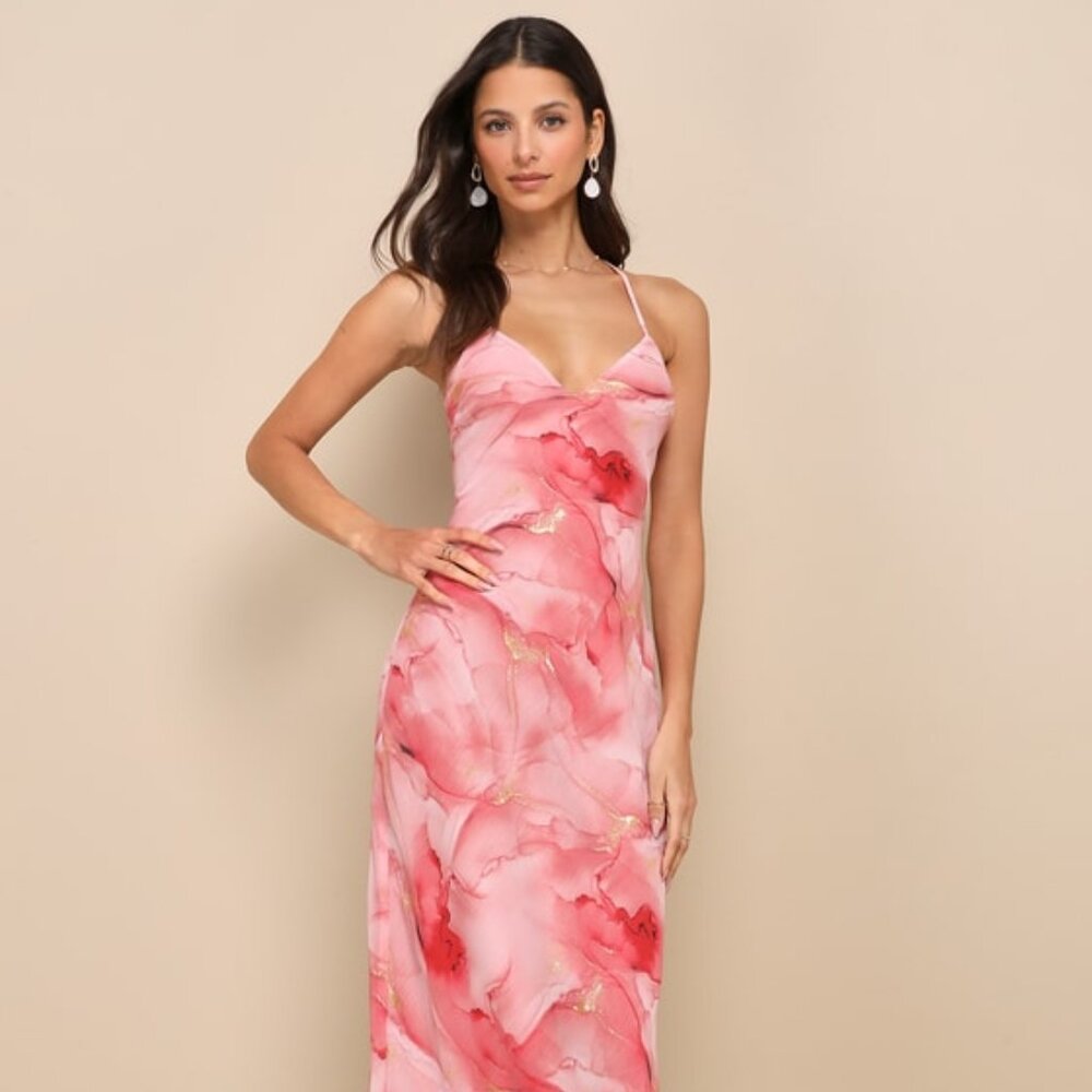 Lulus Bright Charm Pink Abstract Print Chiffon Slip Midi Dress - Size S